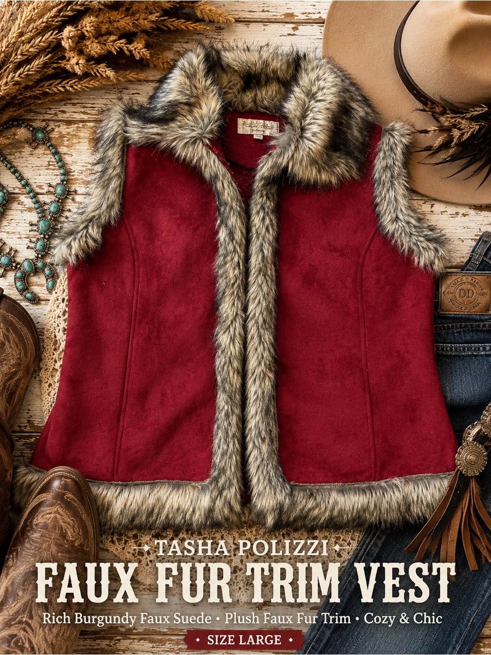 Tasha Polizzi Burgundy Faux Suede Faux Fur Trim Western Vest Size Large Boho (x)
